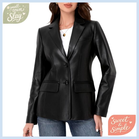 Lambskin Leather Blazer Jacket Women Long Sleeve Button Front Notched Lapel